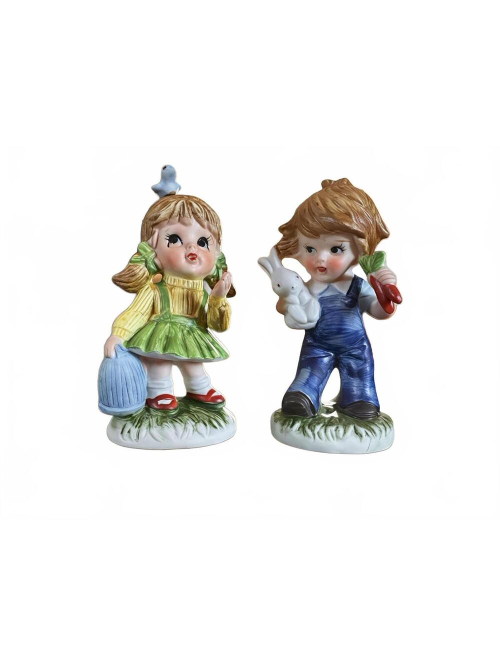 Vintage Homco Porcelain Figurines Boy with Bunny & Girl with Bird